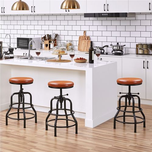 Tabouret De Bar Industriel En Similicuir Réglable En Hauteur Avec Deux Repose-pieds, Marron Clair