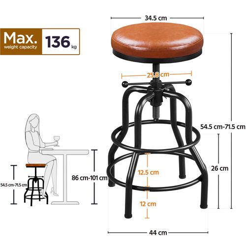 Tabouret De Bar Industriel En Similicuir Réglable En Hauteur Avec Deux Repose-pieds, Marron Clair