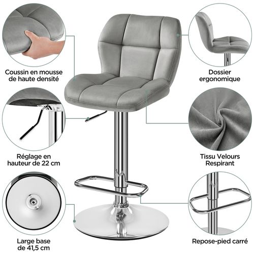 Lot De 2 Chaises De Bar Modernes En Velours Réglables En Hauteur Design Capitonné, Gris Clair
