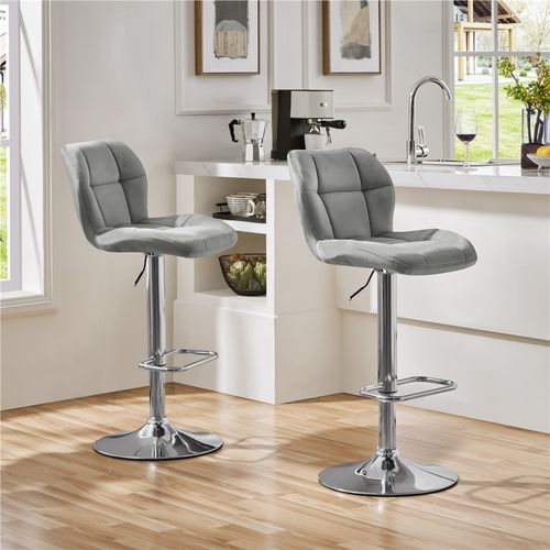 Lot De 2 Chaises De Bar Modernes En Velours Réglables En Hauteur Design Capitonné, Gris Clair