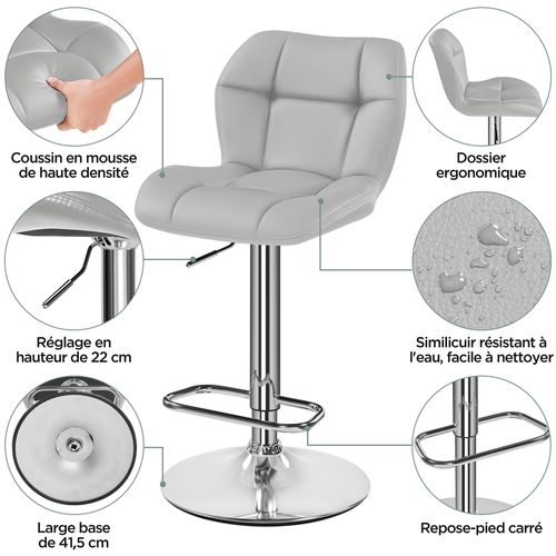 Lot De 2 Tabourets Chaises De Bar Modernes En Similicuir Assise Réglable En Hauteur, Gris Clair