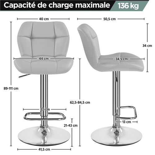 Lot De 2 Tabourets Chaises De Bar Modernes En Similicuir Assise Réglable En Hauteur, Gris Clair