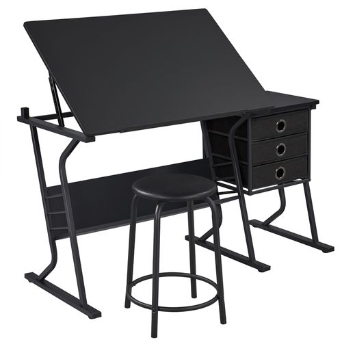 Table à Dessin Inclinable Avec Table D’appoint Et Tabouret, Bureau à Dessin Avec 3 Tiroirs, Noir