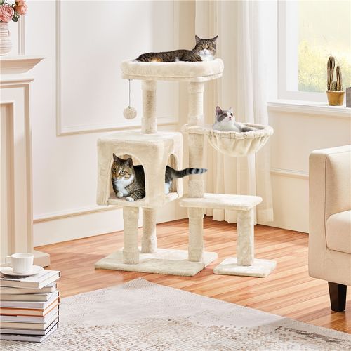 Arbre à Chat Multiniveau Avec Poteaux En Sisal Niche Perchoir Panier Boule à Clochette, Beige