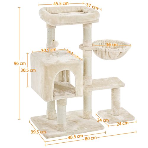 Arbre à Chat Multiniveau Avec Poteaux En Sisal Niche Perchoir Panier Boule à Clochette, Beige