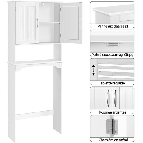 Meuble Dessus Wc Avec Portes, Tablette Réglable En Hauteur Et Compartiment Ouvert, Blanc