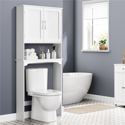 Meuble Dessus Wc Avec Portes, Tablette Réglable En Hauteur Et Compartiment Ouvert, Blanc