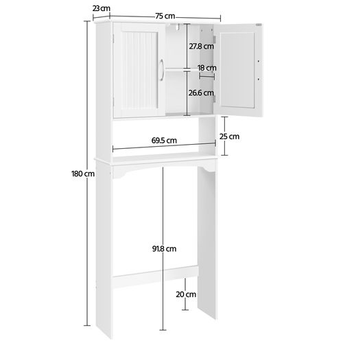 Meuble Dessus Wc Avec Portes, Tablette Réglable En Hauteur Et Compartiment Ouvert, Blanc