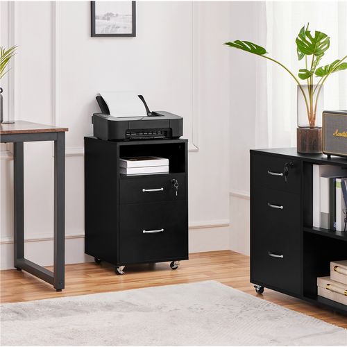 Caisson De Bureau à Roulettes En Bois Avec 2 Tiroirs Et 1 Compartiment En Bois, Noir