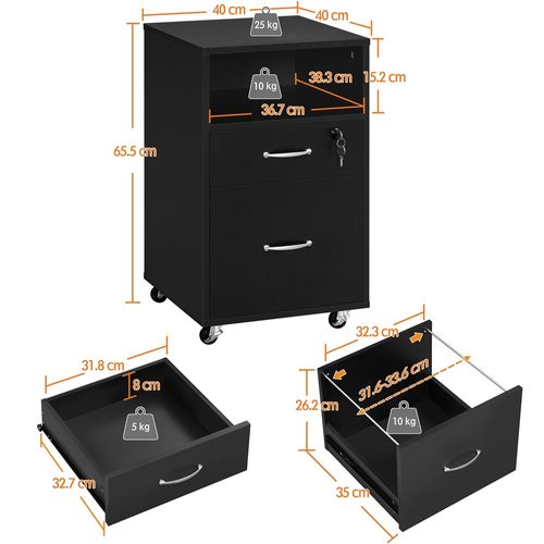Caisson De Bureau à Roulettes En Bois Avec 2 Tiroirs Et 1 Compartiment En Bois, Noir