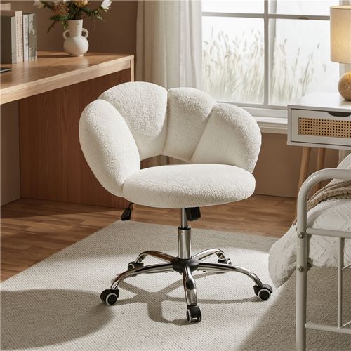 Chaise De Bureau En Tissu Bouclette Avec Dossier Rebondi Et Assise Réglable En Hauteur, Blanc