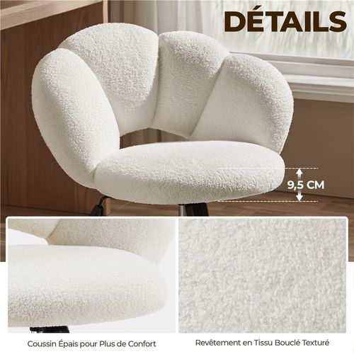 Chaise De Bureau En Tissu Bouclette Avec Dossier Rebondi Et Assise Réglable En Hauteur, Blanc