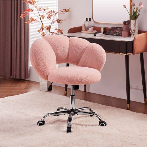 Chaise De Bureau En Tissu Bouclette Avec Dossier Rebondi Et Assise Réglable En Hauteur, Rose