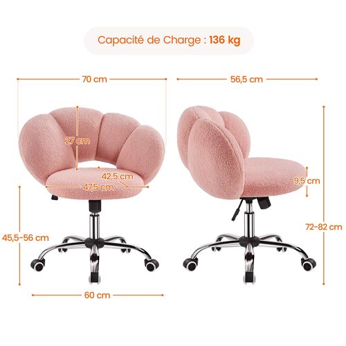 Chaise De Bureau En Tissu Bouclette Avec Dossier Rebondi Et Assise Réglable En Hauteur, Rose
