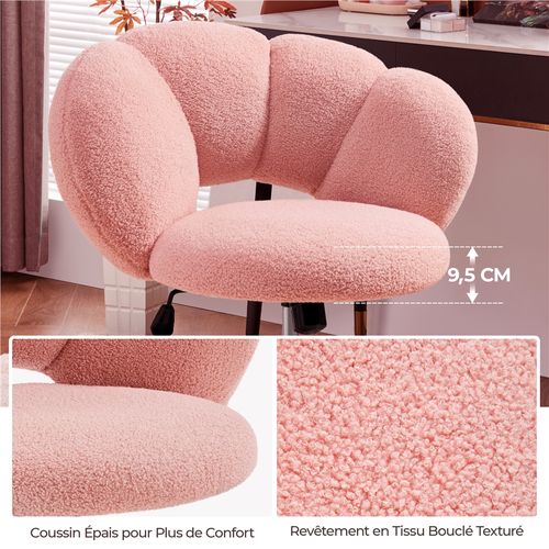 Chaise De Bureau En Tissu Bouclette Avec Dossier Rebondi Et Assise Réglable En Hauteur, Rose
