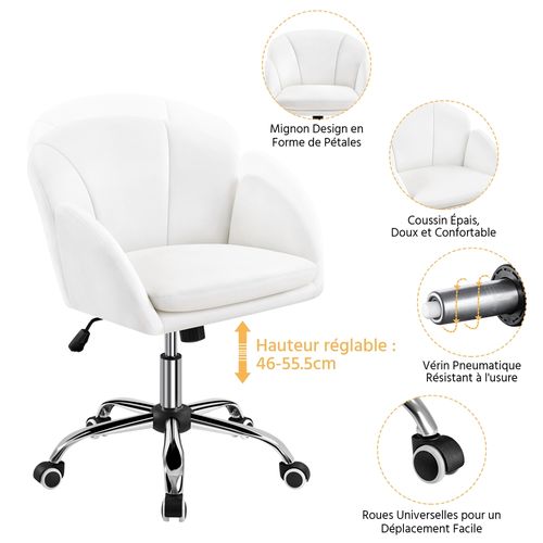 Chaise Bureau En Velours Réglable En Hauteur Avec Roulettes Et Dossier Arrondi Inclinable, Neige