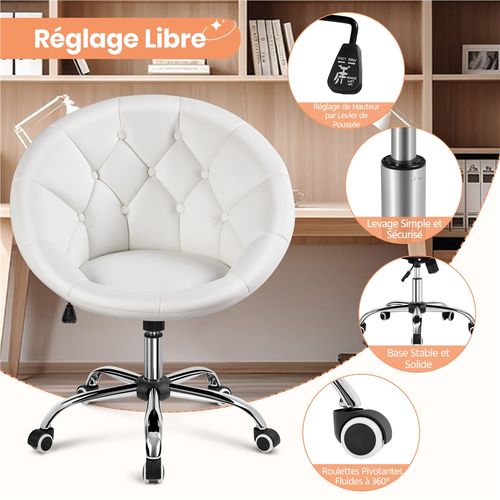 Chaise De Bureau En Similicuir Réglable En Hauteur Avec Roulettes Et Dossier Arrondi, Blanc