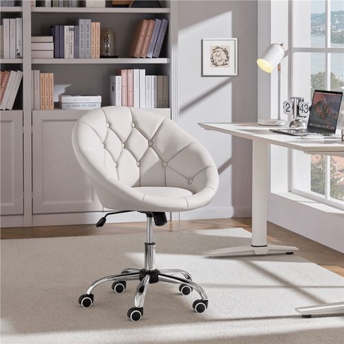 Chaise De Bureau En Similicuir Réglable En Hauteur Avec Roulettes Et Dossier Arrondi, Blanc