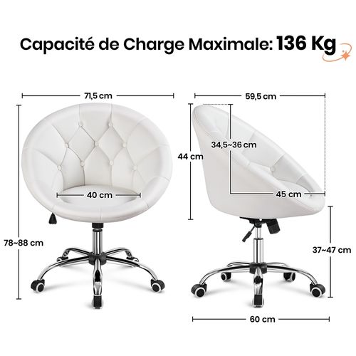 Chaise De Bureau En Similicuir Réglable En Hauteur Avec Roulettes Et Dossier Arrondi, Blanc