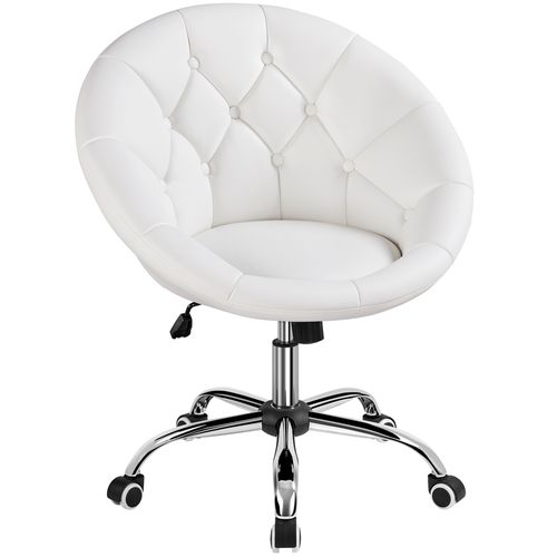 Chaise De Bureau En Similicuir Réglable En Hauteur Avec Roulettes Et Dossier Arrondi, Blanc
