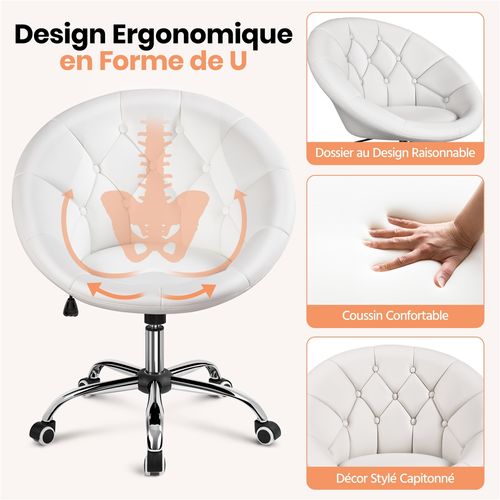 Chaise De Bureau En Similicuir Réglable En Hauteur Avec Roulettes Et Dossier Arrondi, Blanc