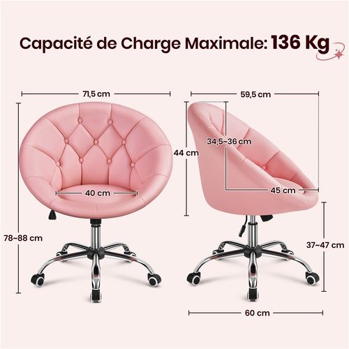 Chaise De Bureau En Similicuir Réglable En Hauteur Avec Roulettes Et Dossier Arrondi, Rose