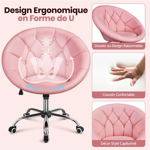 Chaise De Bureau En Similicuir Réglable En Hauteur Avec Roulettes Et Dossier Arrondi, Rose