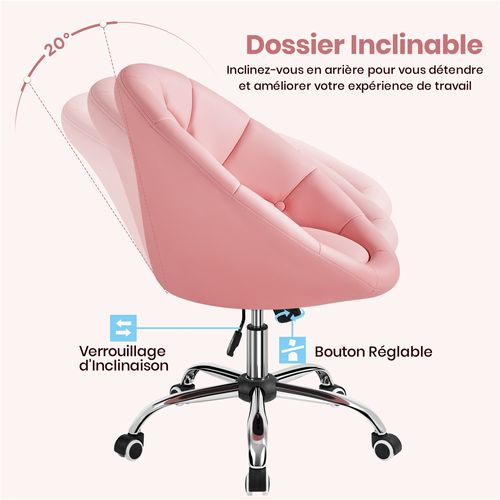 Chaise De Bureau En Similicuir Réglable En Hauteur Avec Roulettes Et Dossier Arrondi, Rose