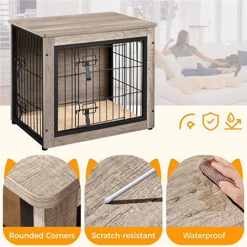 Cage Pour Chien En Bois Avec 2 Portes à Double Serrure Et Tapis Pelucheux Antidérapant, Gris