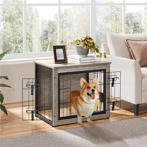 Cage Pour Chien En Bois Avec 2 Portes à Double Serrure Et Tapis Pelucheux Antidérapant, Gris
