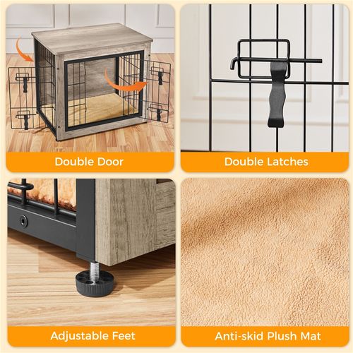 Cage Pour Chien En Bois Avec 2 Portes à Double Serrure Et Tapis Pelucheux Antidérapant, Gris