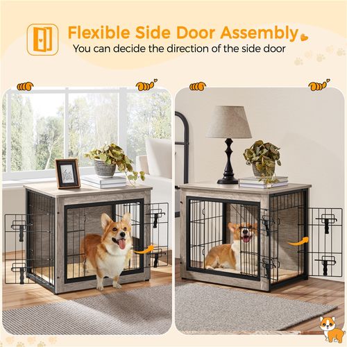 Cage Pour Chien En Bois Avec 2 Portes à Double Serrure Et Tapis Pelucheux Antidérapant, Gris