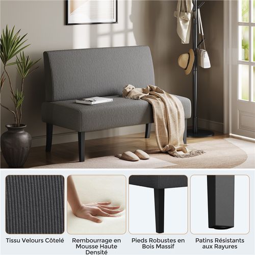 Canapé Droit En Velours Côtelé Canapé 2 Places Avec Dossier Sans Accoudoirs, Gris