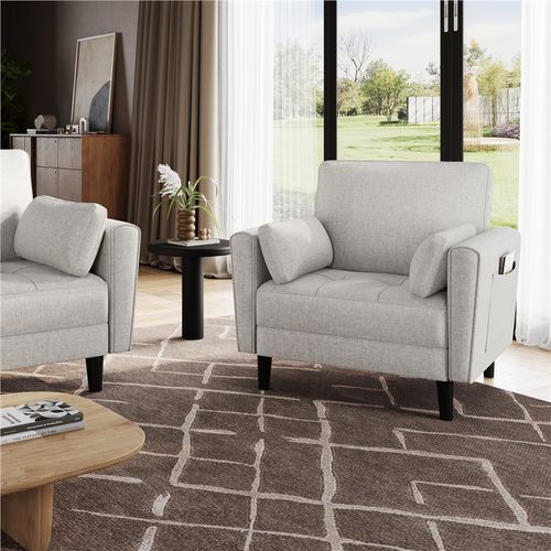 Fauteuil De Salon En Tissu Effet Lin Canapé 1 Place Avec 2 Coussins Poches De Rangement, Grège