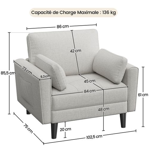 Fauteuil De Salon En Tissu Effet Lin Canapé 1 Place Avec 2 Coussins Poches De Rangement, Grège