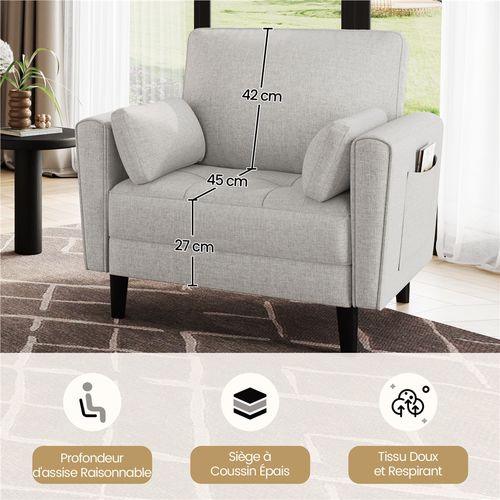 Fauteuil De Salon En Tissu Effet Lin Canapé 1 Place Avec 2 Coussins Poches De Rangement, Grège