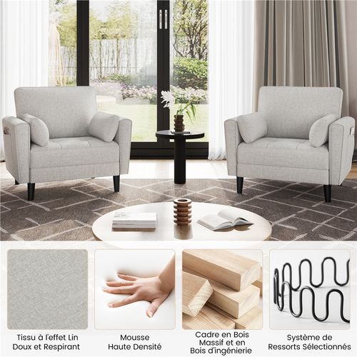 Fauteuil De Salon En Tissu Effet Lin Canapé 1 Place Avec 2 Coussins Poches De Rangement, Grège