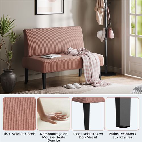 Canapé Droit En Velours Côtelé Canapé 2 Places Avec Dossier Sans Accoudoirs, Rose