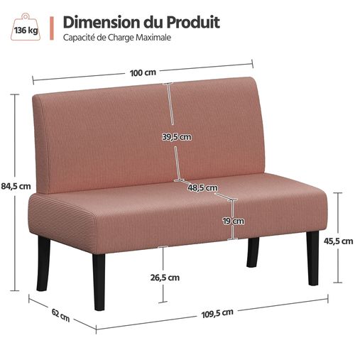 Canapé Droit En Velours Côtelé Canapé 2 Places Avec Dossier Sans Accoudoirs, Rose