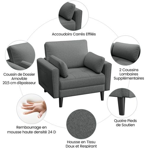 Fauteuil De Salon En Tissu Effet Lin Avec 2 Coussins Et Poches De Rangement, Gris Foncé