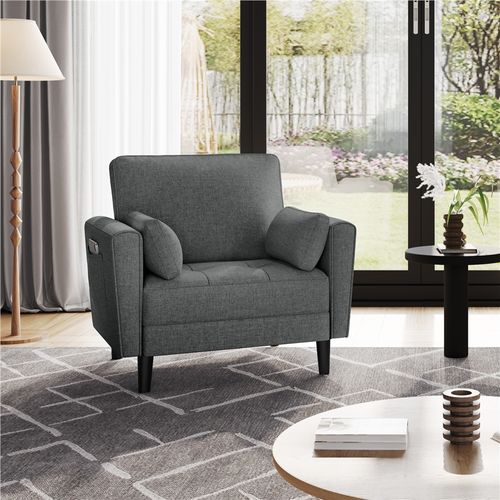 Fauteuil De Salon En Tissu Effet Lin Avec 2 Coussins Et Poches De Rangement, Gris Foncé