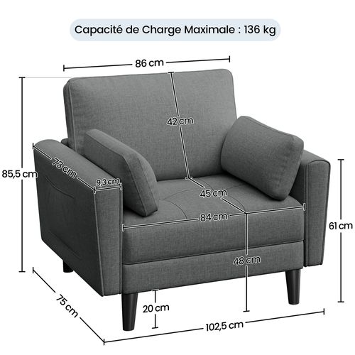 Fauteuil De Salon En Tissu Effet Lin Avec 2 Coussins Et Poches De Rangement, Gris Foncé