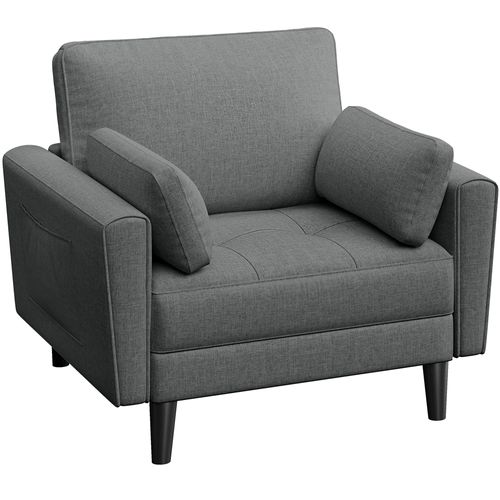 Fauteuil De Salon En Tissu Effet Lin Avec 2 Coussins Et Poches De Rangement, Gris Foncé