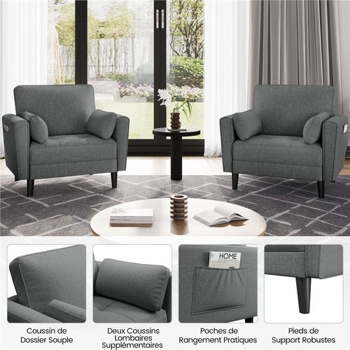 Fauteuil De Salon En Tissu Effet Lin Avec 2 Coussins Et Poches De Rangement, Gris Foncé