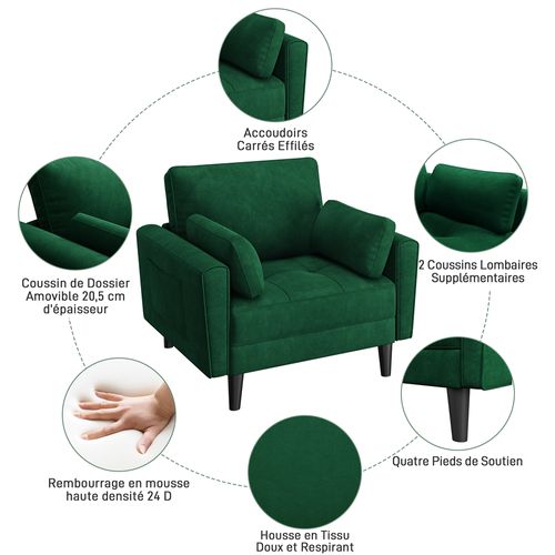 Fauteuil De Salon En Tissu Effet Lin Avec 2 Coussins Et Poches De Rangement, Vert