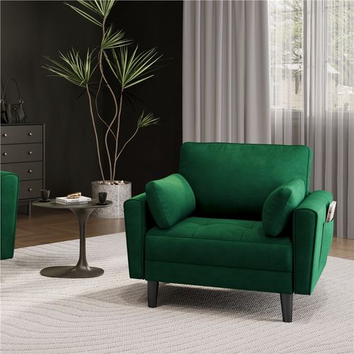 Fauteuil De Salon En Tissu Effet Lin Avec 2 Coussins Et Poches De Rangement, Vert