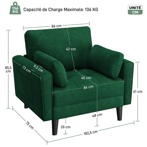 Fauteuil De Salon En Tissu Effet Lin Avec 2 Coussins Et Poches De Rangement, Vert
