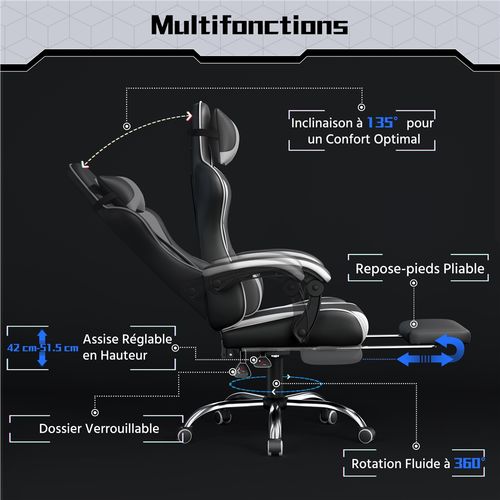 Chaise Gaming Ergonomique Réglable En Hauteur Avec Repose-pieds Et Appui-tête, Noir/blanc