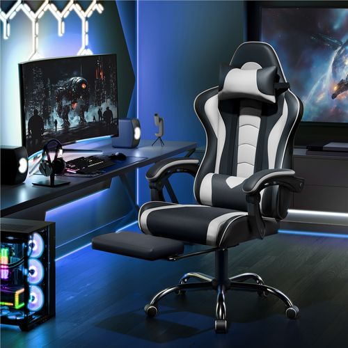Chaise Gaming Ergonomique Réglable En Hauteur Avec Repose-pieds Et Appui-tête, Noir/blanc