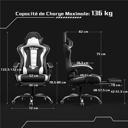 Chaise Gaming Ergonomique Réglable En Hauteur Avec Repose-pieds Et Appui-tête, Noir/blanc